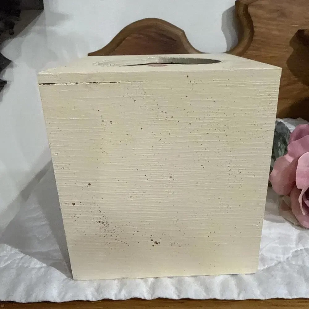 Vintage Hand Painted Wooden Tissue Box Teddy Bear & Rose Heart Cottage Country